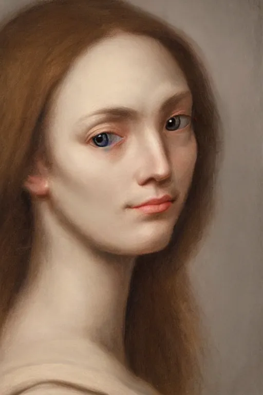 Prompt: hyperrealism close-up portrait of beautiful young medieval biomechanic face of a woman, beautiful cheekbones, red eye, pale skin, in style of classicism