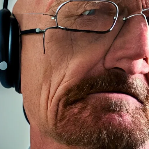 Prompt: close up, cropped award winning photo of walter white wearing pink headphones screaming and shouting, incredibly detailed, sharp focus, hyper realistic