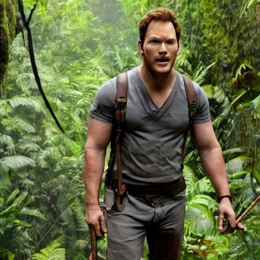 Prompt: Chris Pratt playing India Jones, crossing a rope bridge across a huge chasm in the jungle, machete in hand