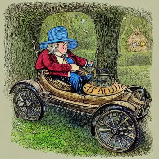 Image similar to “toad from wind in the willows riding an old car, coloured storybook illustration, by sir John tenniel”