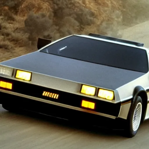 Image similar to knightrider chasing the back to the future delorean, cinematic