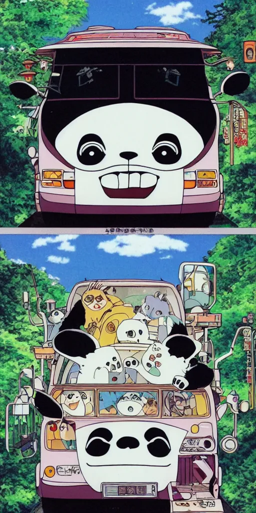 Prompt: a panda bus in japan like totoro, 1990s anime, full color, tarot card the chariot, highly detailed ,