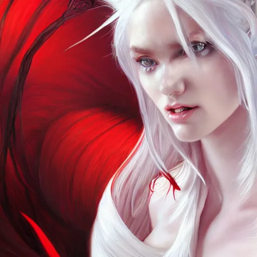 Image similar to ultra realistic illustration, dream humanoid demon girl with white hair, red horns, in white clothes, red eyes, intricate, elegant, highly detailed, digital painting, artstation, concept art, smooth, sharp focus, illustration, art by artgerm and greg rutkowski and alphonse mucha