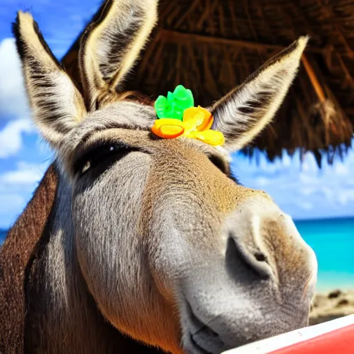 Prompt: donkey on a sunbed, tropical vacation