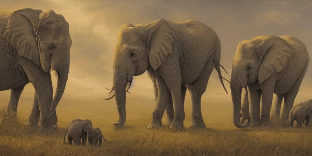 Image similar to two adult elephants comfort a baby elephant, only three elephants, rich golden hour, savannah, illustration, detailed, smooth, soft, warm, by Adolf Lachman, Shaun Tan, Surrealism