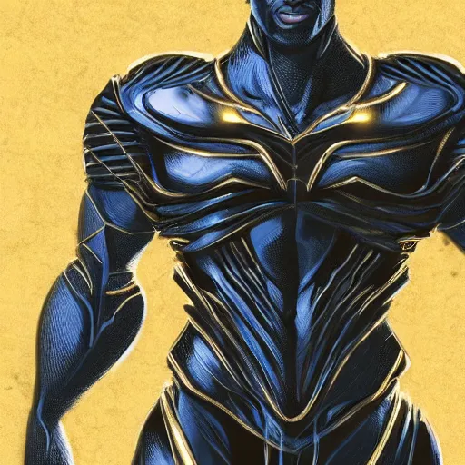 Image similar to A tall and muscular African man with a golden angel wearing nanosuit from Crysis the game in capital hill. illustration concept art in the style of Arthur Adams