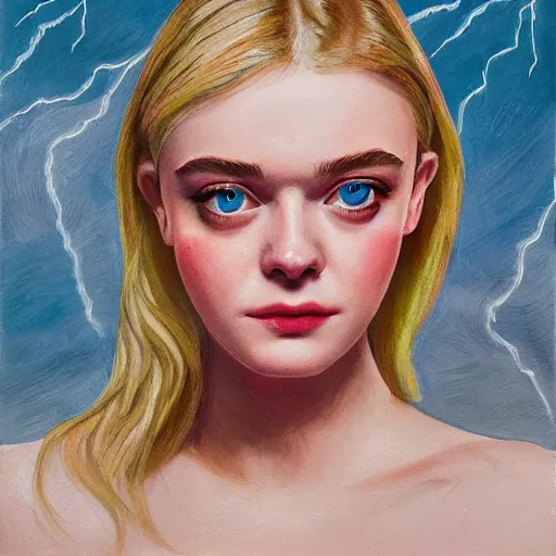 Prompt: professional painting of Elle Fanning in the style of Paola Vetri, head and shoulders portrait, symmetrical facial features, smooth, sharp focus, illustration, intricate, stormy weather, extremely detailed masterpiece,