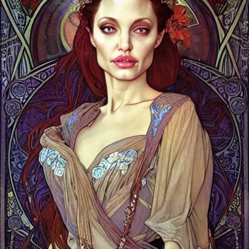 Prompt: realistic detailed face portrait of Angelina Jolie as a beautiful young Medieval Queen by Alphonse Mucha, Ayami Kojima, Amano, Charlie Bowater, Karol Bak, Greg Hildebrandt, Jean Delville, and Mark Brooks, Art Nouveau, Neo-Gothic, Surreality, gothic, rich deep moody colors