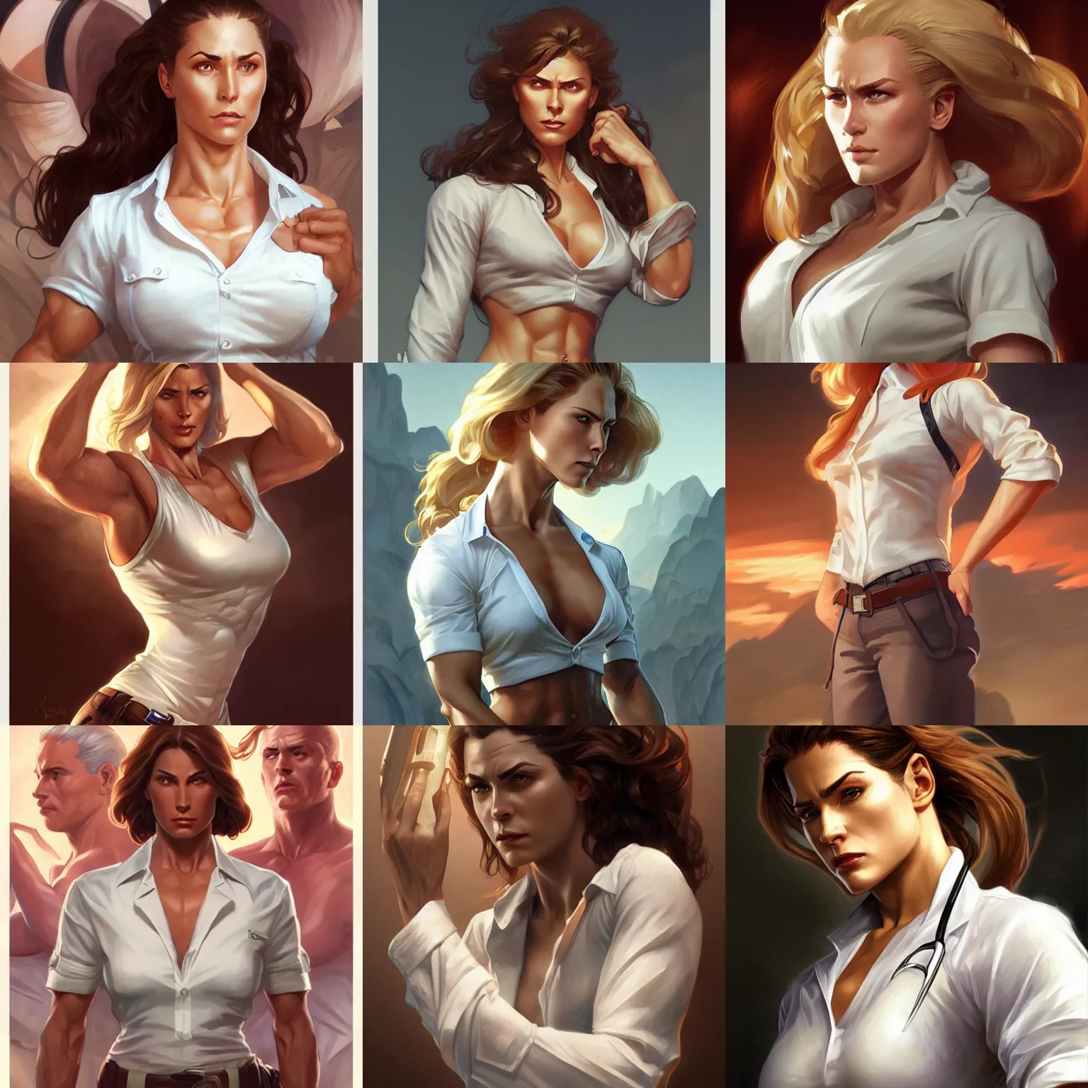 Image similar to female doc savage, white shirt, muscular, fantasy, D&D, portrait, highly detailed, digital painting, artstation, concept art, sharp focus, illustration, art by artgerm and greg rutkowski and alphonse mucha