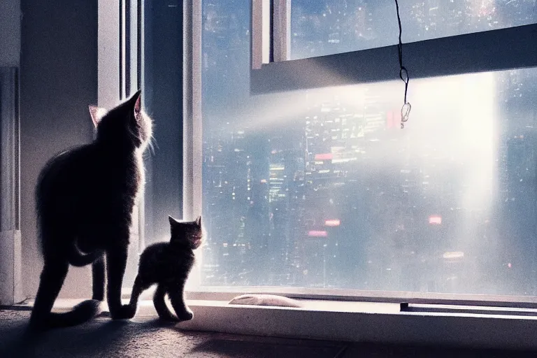 Image similar to Big european shorthair cat and small fluffy kitten from the back in the apartment room looking to window in a cyberpunk city, soft god rays from city lights outside the window, unreal engine 5, soft neon atmosphere, photorealistic, soothing colors, somber melancholic matte painting, hyperrealism, hyperrealistic, cinematic masterpiece, cyberpunk style 8k ultrahd octane render