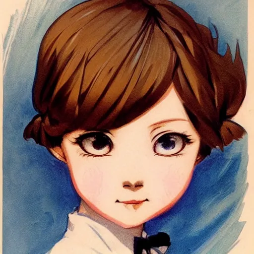 Image similar to cute young anime girl faces, chibi art, painting by j. c. leyendecker, inspired by charles sillem lidderdale,