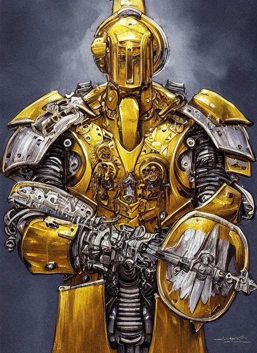 Image similar to dynamic portrait of a intricate glorious holy mechanical warforged character in yellow armor holding a paladin engraved great longsword and carrying a big paladin shield, spotlight from face , epic , trending on ArtStation, masterpiece, cinematic lighting, by Jesper Ejsing and by Philippe Druillet and by Yoann Lossel and by John Salminen