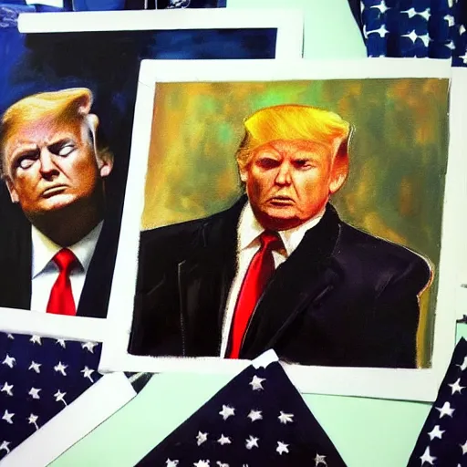 Image similar to fbi agents arresting donald trump, oil painting, in the style of artstation