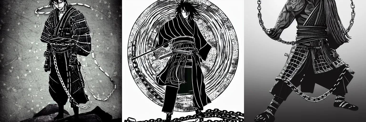 Prompt: '2D graphic design , samurai vagabond manga man wrapped in chains , full moon background artstation wallpaper style '