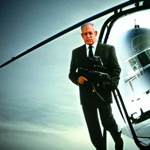 Image similar to benjamin netanyahu as the terminator in a helicopter, establishing shot, cinematic lighting