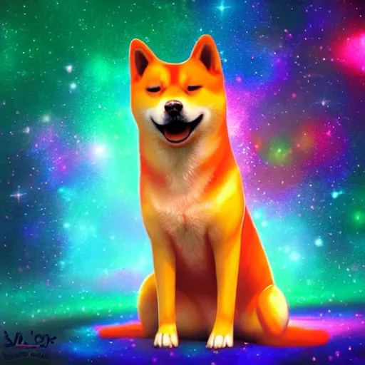 Prompt: A happy and excited cosmic shiba inu drifting through a colorful and vibrant galaxy, digital art, digital painting, matte painting, award-winning art, trending on artstation, 4k