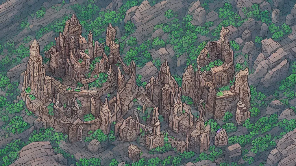 Image similar to Aerial view of a wizard tower surrounded by different kinds of gem mines and ominous caves, lineart, colored