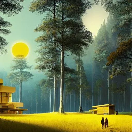 Image similar to futuristic yellow house between hills with big trees, monks walking, multiple moons, dramatic lighting, artstation, matte painting, raphael lacoste, simon stalenhag, frank lloyd wright, zaha hadid