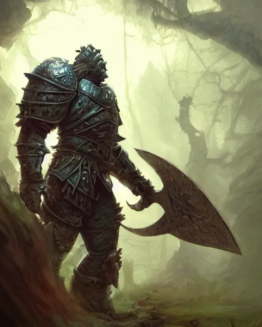 Image similar to Huge Troll warrior in armor, portrait, woodlands, magic the gathering artwork, D&D, fantasy, cinematic lighting, centered, symmetrical, highly detailed, digital painting, artstation, concept art, smooth, sharp focus, illustration, volumetric lighting, epic Composition, 8k, art by Akihiko Yoshida and Greg Rutkowski and Craig Mullins, oil painting, cgsociety