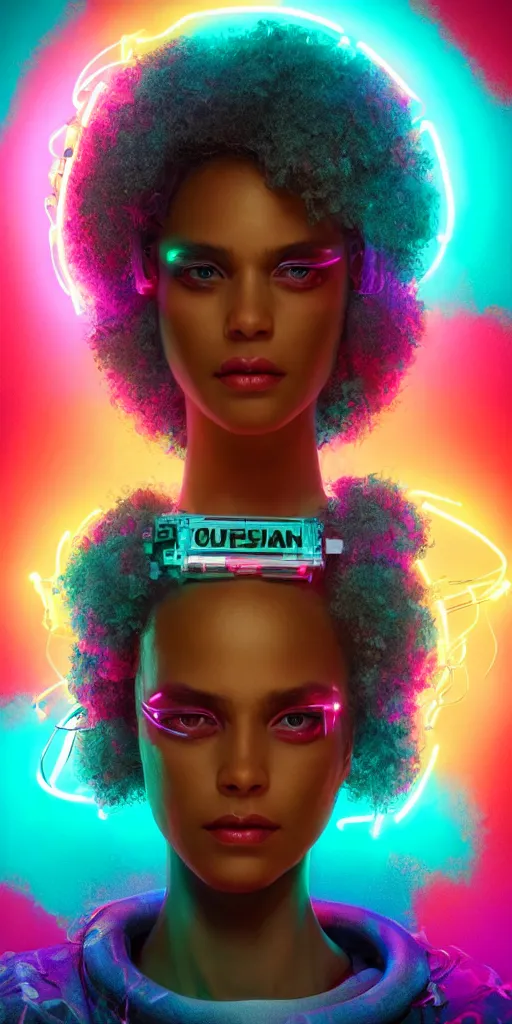 Image similar to symmetry!! a cyberpunk mulatto beauty queen, by wlop, by justin bua, motherboard, circuitry, wires, neon lights, beads, curly afro, micro detail, sci - fi, photorealism, 8 k, cgsociety