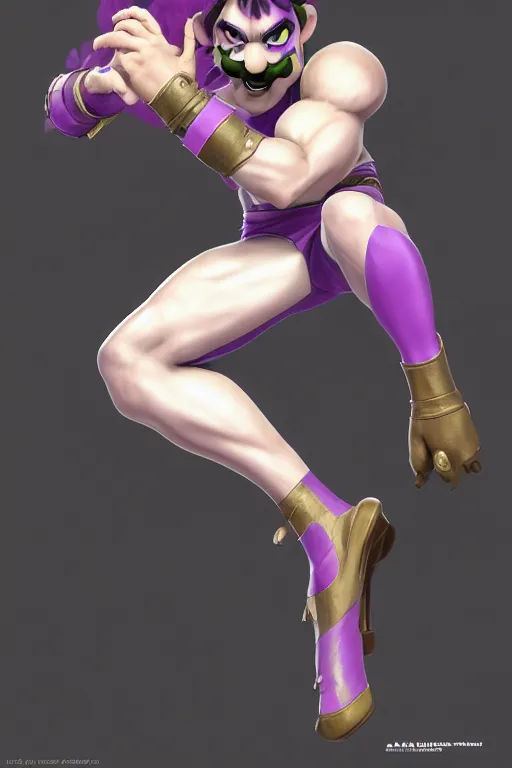 Image similar to pro wrestler waluigi striking a menacing Jojo pose , made by Stanley Artgerm Lau, WLOP, Rossdraws, ArtStation, CGSociety, concept art, cgsociety, octane render, trending on artstation, artstationHD, artstationHQ, unreal engine, 4k, 8k,