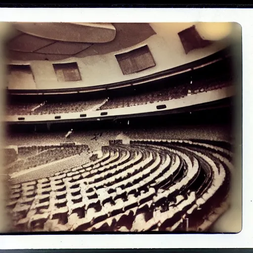 Image similar to old polaroid of a retro futuristic destroyed communist theatre, desolate, award winning, wide angle,