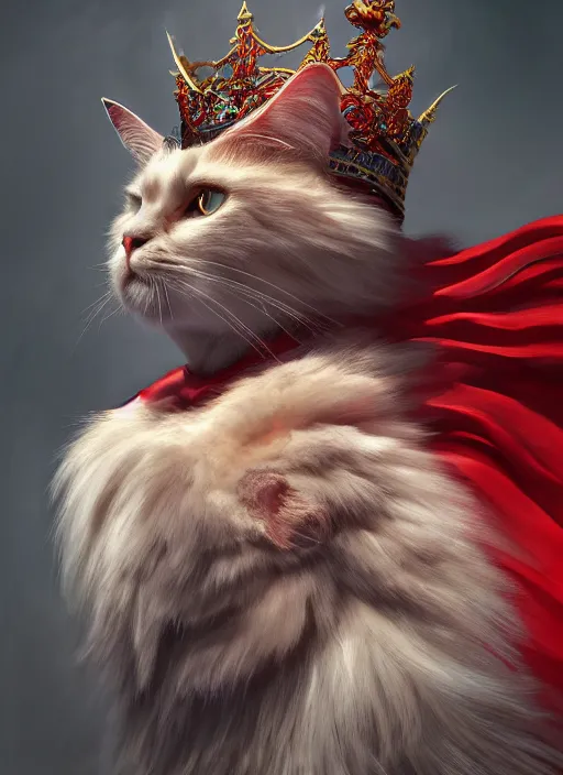 Image similar to side profile of a ragdoll cat king wearing a crown and red cape, fantasy, digital painting, volumetric light, intricate, sharp, focus, bloom, illustration, highly detailed, concept art, matte, ruan jia, randy vargas, greg rutkowski