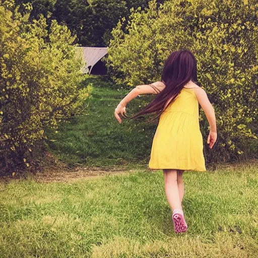 Prompt: “A girl runs to the center of the frame in a yellow sundress, a red elastic band for her hair, a full-length profile, a night photo, a barn and bushes with trees in the background, realistic photo, 8k, 35 mm”