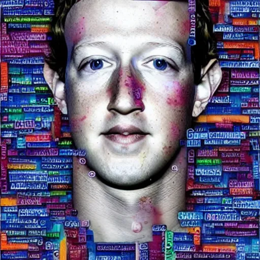 Image similar to a portrait of of mark zuckerberg constructed from facebook profile photos, collage, drop shadow, organic, layered composition, layers, texture, mcu, petals, highly textured, layered, sculpted, dynamic,