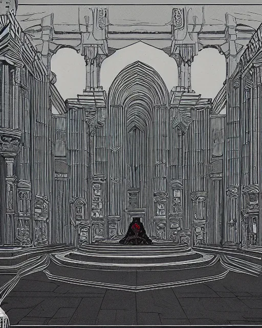 Image similar to paul atreides muad'dib in the giant throne hall, highly detailed, ominous, eldritch, by simon stalenhag and greg rutkovski, 1900s sci-fi movie