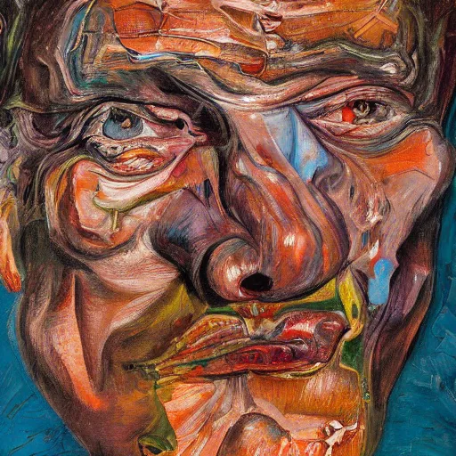 Prompt: high quality high detail expressionist painting of a man in agony by lucian freud and jenny saville and francis bacon, hd, anxiety, turquoise and orange