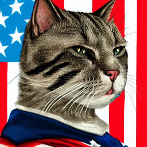 Image similar to cat as american captain, realistic, by marvel