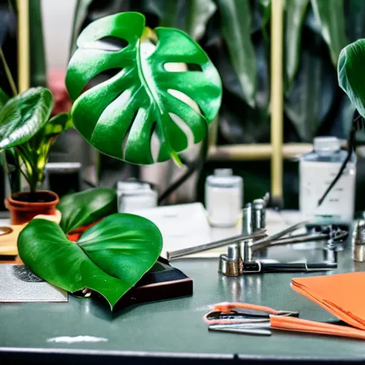 Image similar to A close-up shot of a metal table with laboratory tools and materials in an abandoned biopunk laboratory, plants everywhere, jungle themed, monstera, life, biological experiments,