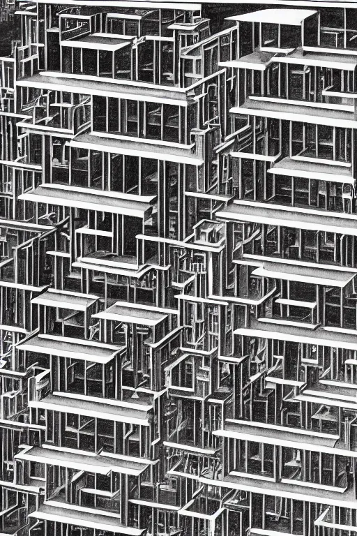 Prompt: A beautiful painting of Multistorey architectures seen from above by MC Escher,black and white