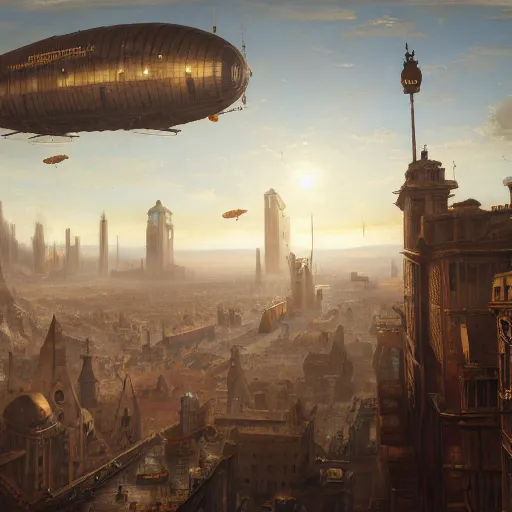 Image similar to Steampunk airship flies above a renaissance city oil painting, sharp focus, fantasy style, octane render, volumetric lighting, 8k high definition, by greg rutkowski, highly detailed, trending on art station