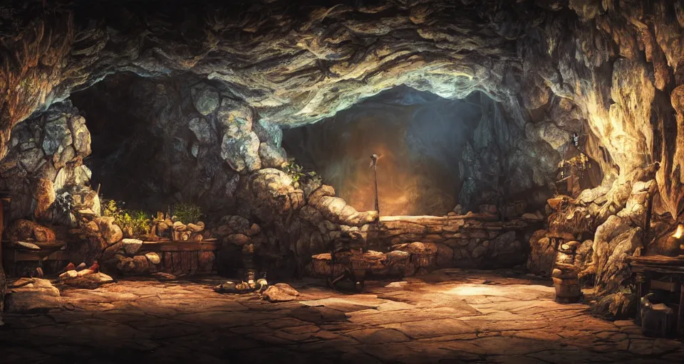 Image similar to An epic fantasy anime style landscape painting of a thieves den hidden inside a cavern, unreal 5, DAZ, hyperrealistic, octane render, dynamic lighting