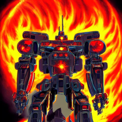 Image similar to beautiful picture of a giant Mecha, flames, anime style, art by Yasuhiko Yoshikazu, trending on Artstation