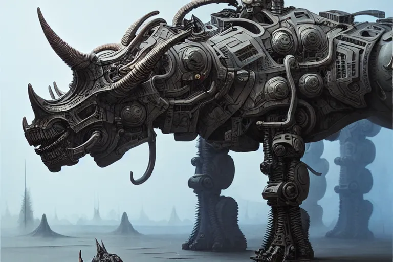 Image similar to triceratops in a cyborg mech suit, by alexandre ferra, zezhou chen, peter gric, mohamed reda and hr giger, hyper detailed, screen print, character concept art, hyperrealism, coherent, cgsociety, zbrush central, behance hd, hypermaximalist