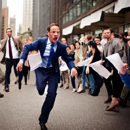 Prompt: a banker running away from an angry crowd