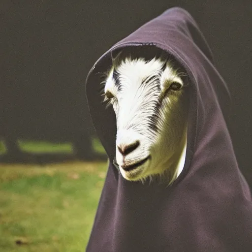 Image similar to a goat wearing a dark hooded cloak