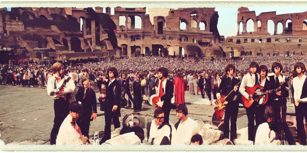 Prompt: The beatles concert in ancient rome, polaroid color photo