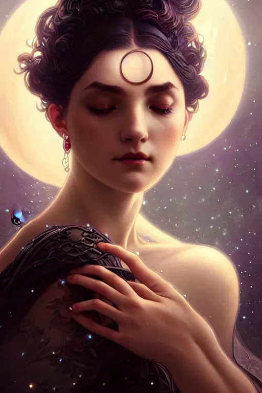 Image similar to the moon goddess closeup filled background around face, fantasy magic, undercut hairstyle, dark light night, intricate, elegant, sharp focus, illustration, highly detailed, digital painting, concept art, matte, art by wlop and artgerm and greg rutkowski and alphonse mucha, masterpiece