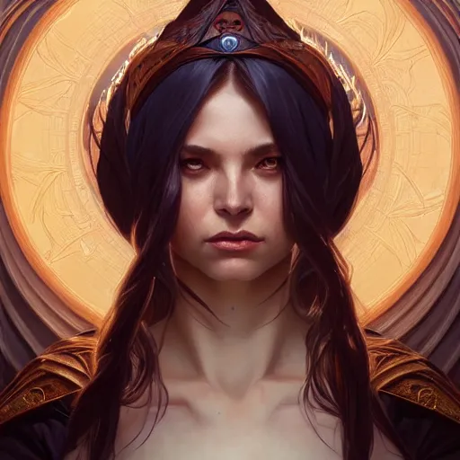 Prompt: Portrait of female sorceress, dark fantasy, medium shot, intricate, elegant, highly detailed, digital painting, artstation, concept art, smooth, sharp focus, illustration, art by artgerm and greg rutkowski and alphonse mucha