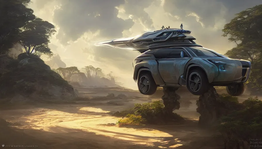 Prompt: a futuristic suv designed by ford driving through madagascar with baobabs trees, artgerm and greg rutkowski and alphonse mucha, an epic fantasy, volumetric light, detailed, establishing shot, an epic fantasy, trending on art station, octane render, midsommar