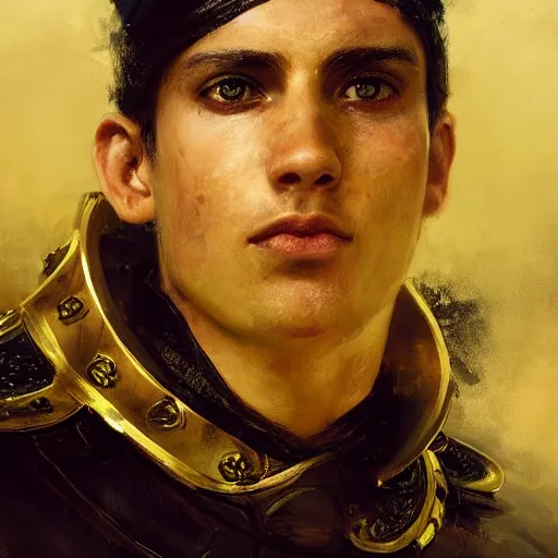 Image similar to Medium closeup young idealistic and pious male Imperial soldier wearing a black and yellow tabard over a gambeson and a steel open helm, by Raymond Swanland Greg Rutkowski Lise Deharm, {perfect face}, {perfect eyes}