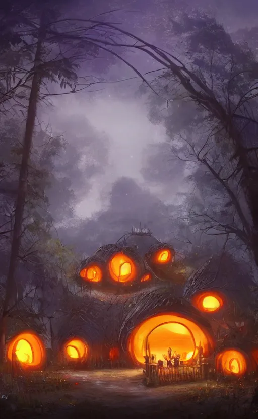 Image similar to a giant pumpkin house in the middle of a forest at night, the lights are on, dynamic lighting, photorealistic fantasy concept art, trending on art station, stunning visuals, creative, cinematic, ultra detailed