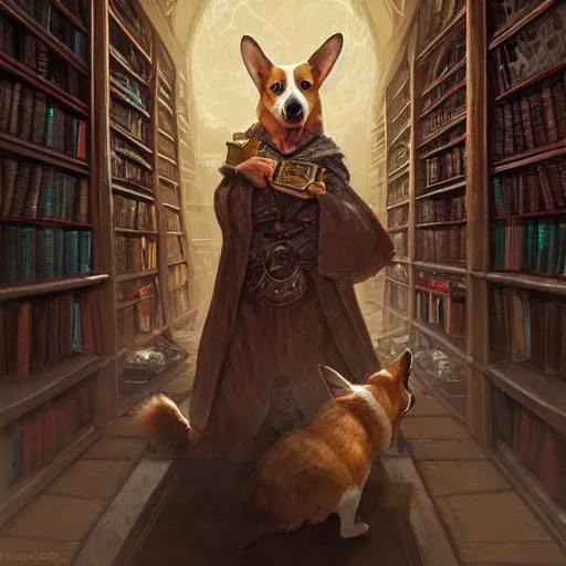 Prompt: corgi spellcaster in a library, d & d character art, intricate robes, mystical runes, magical aura, fantasy, highly detailed digital illustration, hyperrealistic, greg rutkowski, trending on artstation