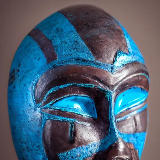 Image similar to a dark African ritual mask with light blue details, realistic, photography