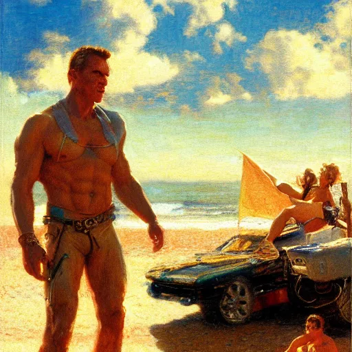 Image similar to detailed cinematic shot of the terminator on the mediterranean beach, spring light, painting by gaston bussiere, craig mullins, j. c. leyendecker