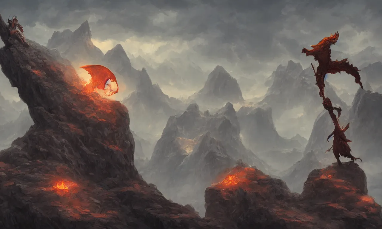 Prompt: wizard reaching hand out to his dragon standing on the rock, trending on artstation, 50mm, by Noah Bradley